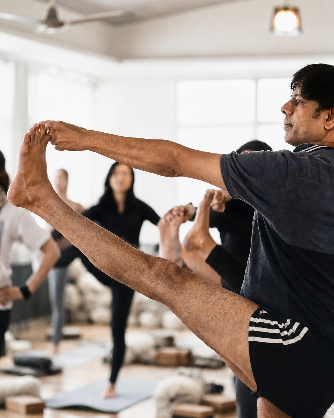 Pankaj demonstriert eine stehende Yogaübung mit angehobenem Bein in einer Yogaklasse